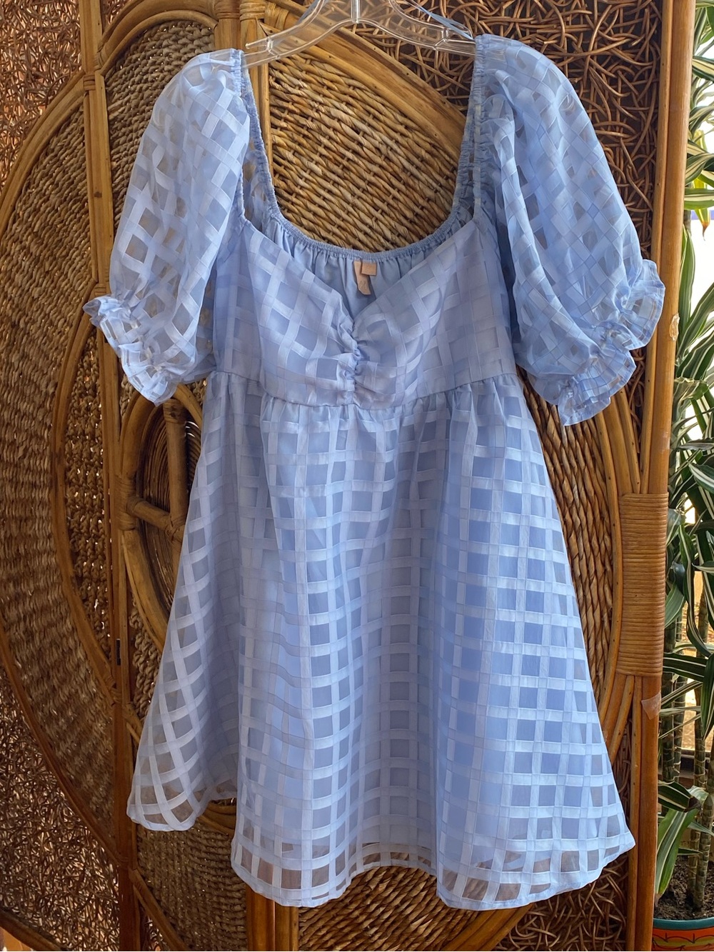 Evolutionary Apparel Light Blue Checkered Sheer Puff-Sleeve Mini Dress